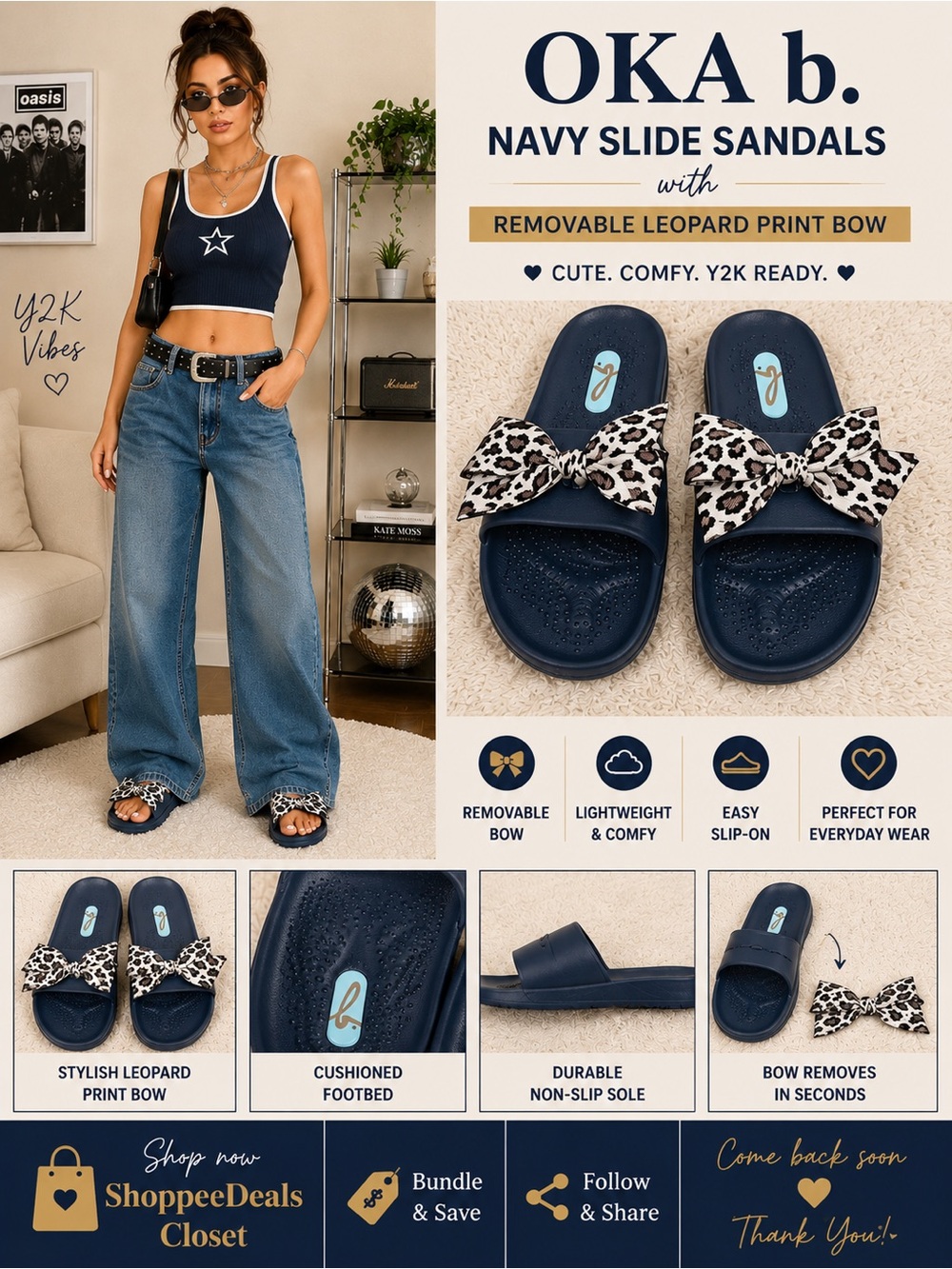 OKA b. Navy Slide Sandals with Removable Leopard Print Bow